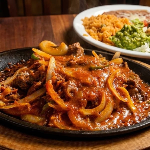 Sizzling fajitas with steak, onions, and peppers, served with rice, beans, guacamole, and salad.