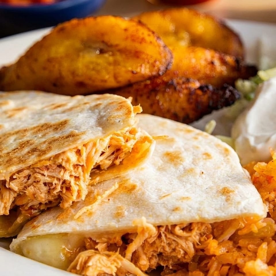 Chicken quesadilla with rice, plantains, sour cream, and pico de gallo on a white plate.