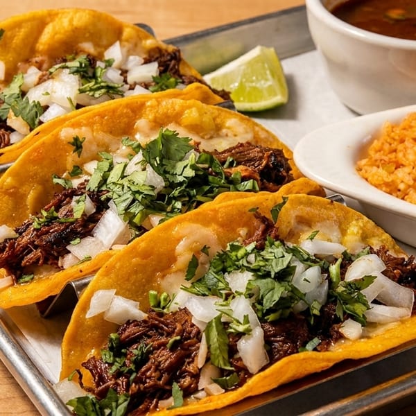 Three birria tacos with cilantro and onions, served with rice, consommé, and a lime wedge.